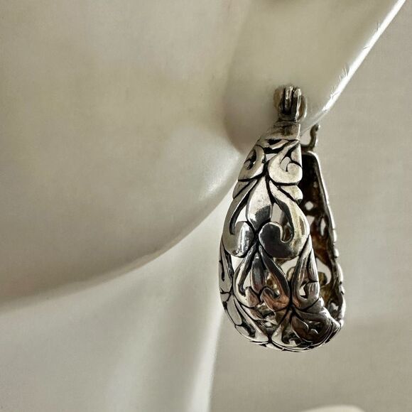 Vintage Sterling Silver Ornate Scroll Hoop Earrings - Picture 2 of 7
